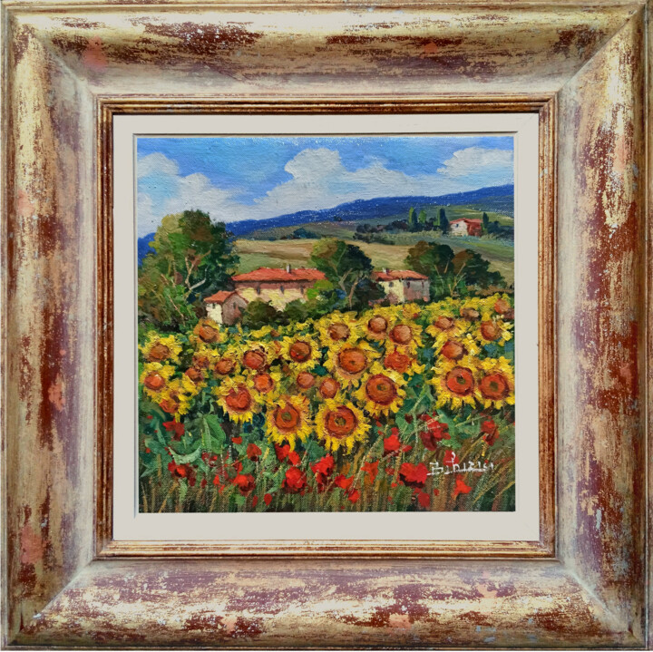 Painting titled "Sunflowers & red po…" by Bruno Chirici, Original Artwork, Oil Mounted on Wood Stretcher frame