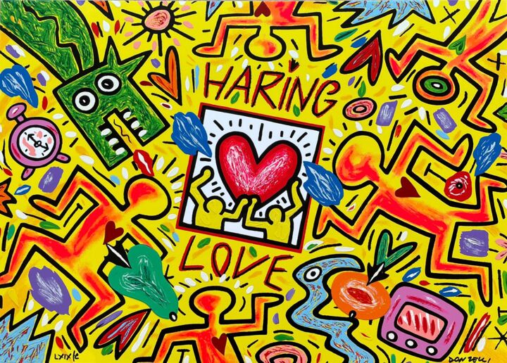 Druckgrafik mit dem Titel "Haring Love" von Bruno Donzelli, Original-Kunstwerk, Siebdruck