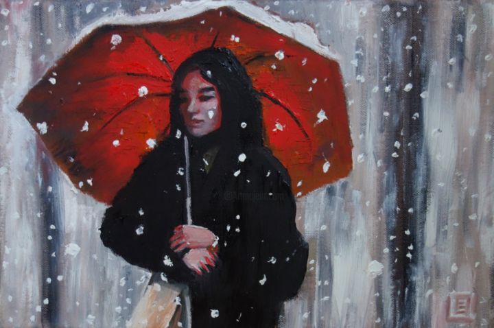 Painting titled "Le parapluie rouge…" by Bruno Lebayle, Original Artwork, Oil