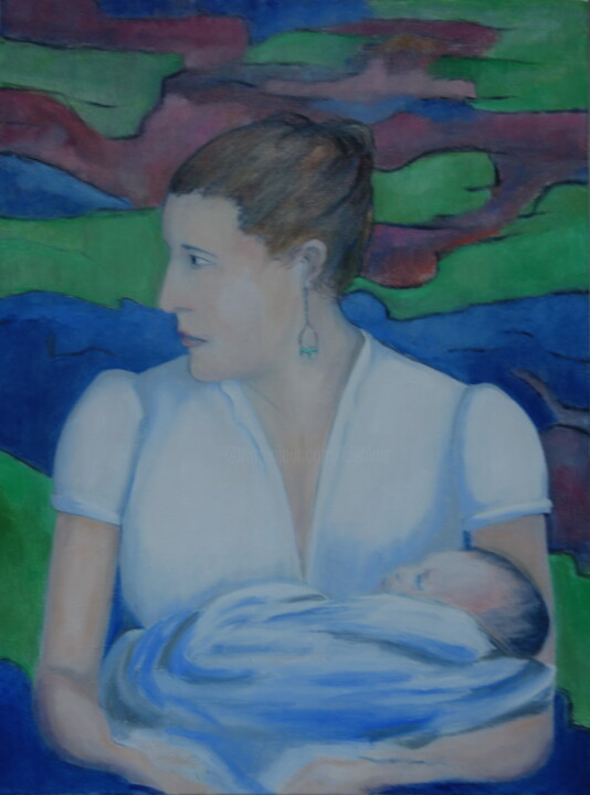 Painting titled "mère attentive" by Bruno Leblais, Original Artwork, Oil