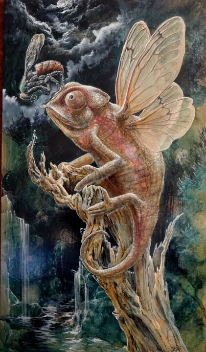 Malerei mit dem Titel "Caméléon ailé" von Bruno Thoret, Original-Kunstwerk, Öl Auf Holzplatte montiert