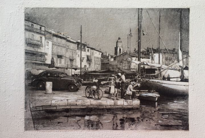 Painting titled "Port de Saint-Trope…" by Bruno Tupinier, Original Artwork, Acrylic Mounted on Wood Stretcher frame