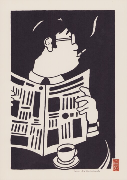Prenten & gravures getiteld "Journal, café, fumée" door Bruno Albert-Gondrand, Origineel Kunstwerk, Zeefdruk