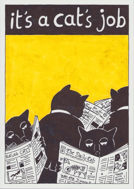 Painting titled "It's a cat's job" by Bruno Albert-Gondrand, Original Artwork, Ink