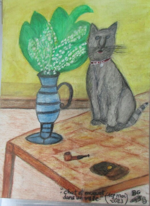 Drawing titled "Muguet, chat, pipe…" by Bruno Grégory (BG), Original Artwork, Watercolor