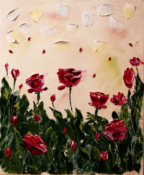 Painting titled "Roses" by Bruno Léger, Original Artwork, Oil Mounted on Wood Stretcher frame