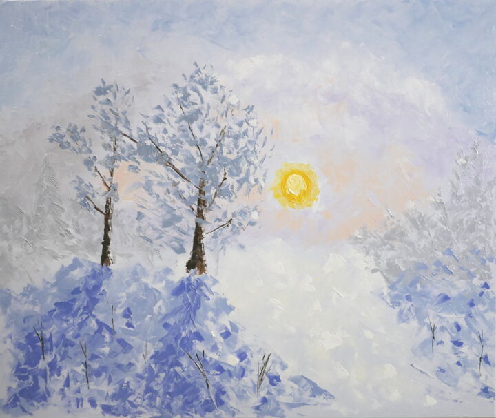Painting titled "Soir d'hiver" by Bruno Léger, Original Artwork, Oil Mounted on Wood Stretcher frame