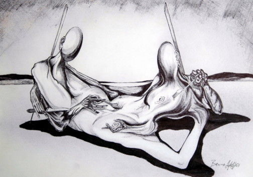 Drawing titled "Banquete Canibal" by Bruno Lopes, Original Artwork, Ballpoint pen