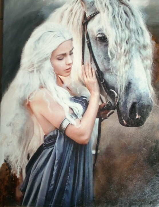 Painting titled "Lena con il cavallo" by Bruscella Donato, Original Artwork, Oil