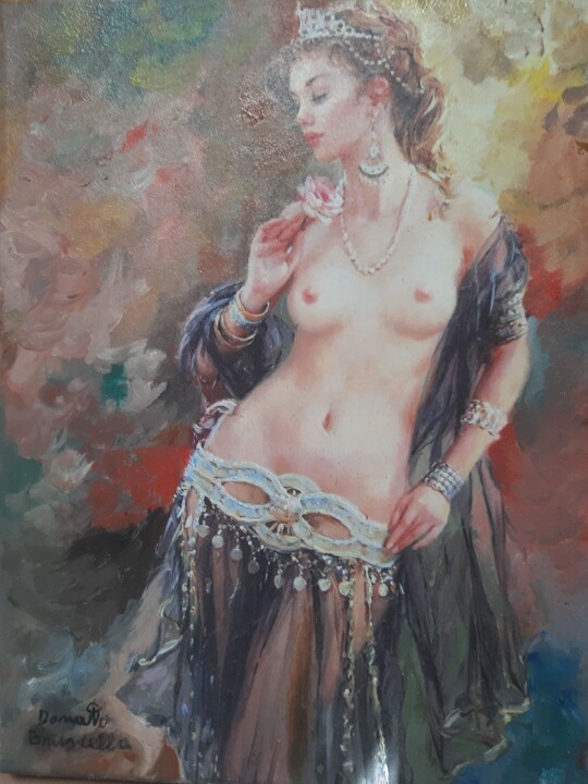 Painting titled "Raquel nuda con un…" by Bruscella Donato, Original Artwork, Oil Mounted on Wood Stretcher frame