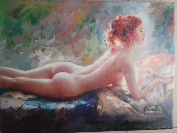 Painting titled "RAQUEL NUDA SUL LET…" by Bruscella Donato, Original Artwork, Oil Mounted on Wood Stretcher frame