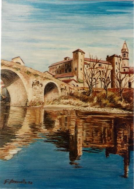 Pittura intitolato "ponte sul fiume" da Giuseppe Bruscella, Opera d'arte originale