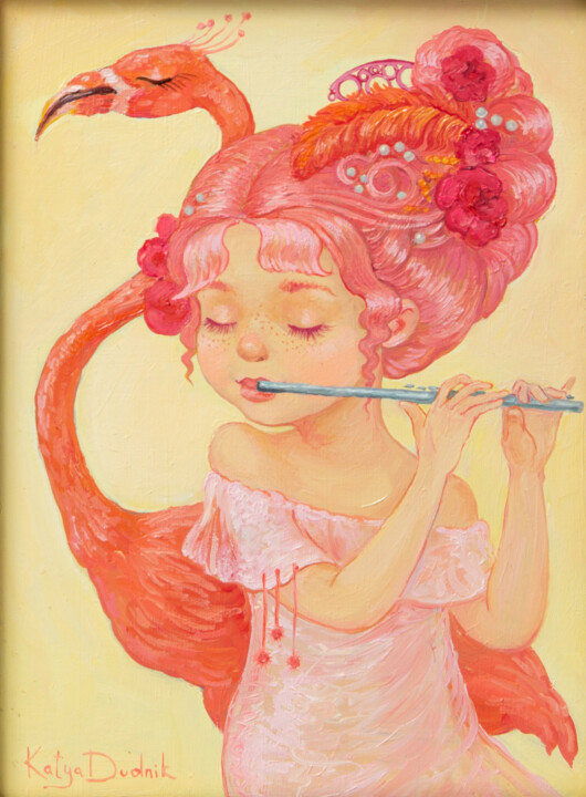 Картина под названием "Pink Flamingo" - Katya Dudnik, Подлинное произведение искусства, Масло