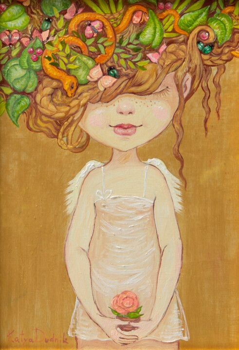 Painting titled "Golden Angel" by Katya Dudnik, Original Artwork, Oil