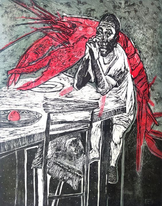 Druckgrafik mit dem Titel ""Metamorphosis"" von Kristina Buga, Original-Kunstwerk, Linoldrucke