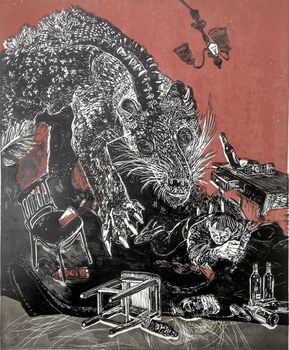 Druckgrafik mit dem Titel ""Delirium Tremens"" von Kristina Buga, Original-Kunstwerk, Linoldrucke