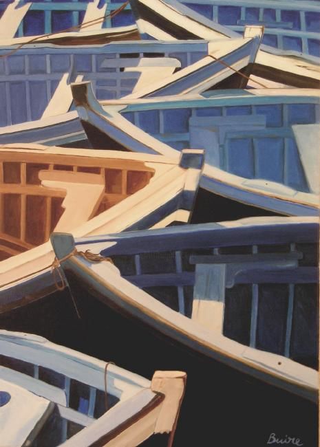 Pintura titulada "barques bleues" por Ghislaine Buire, Obra de arte original