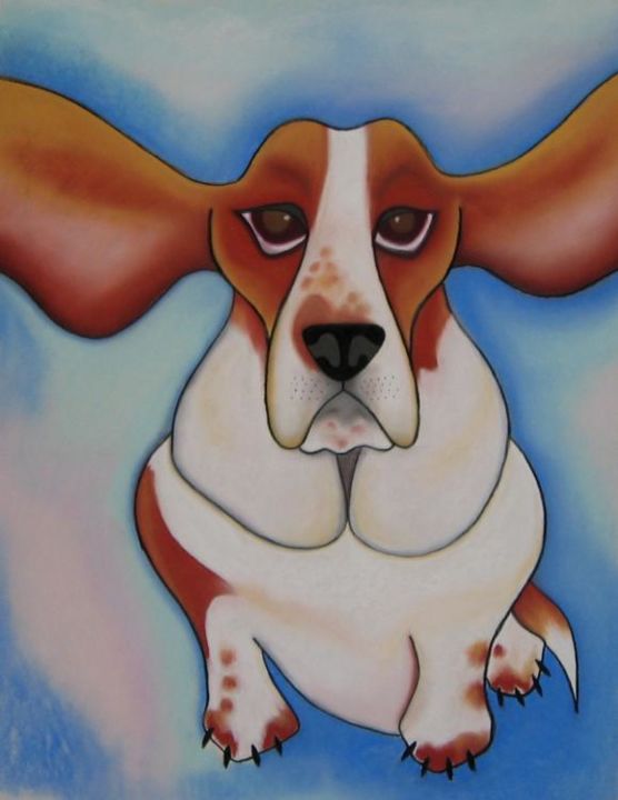 Drawing titled "The Flying Bassett" by Robyn Feeley, Original Artwork