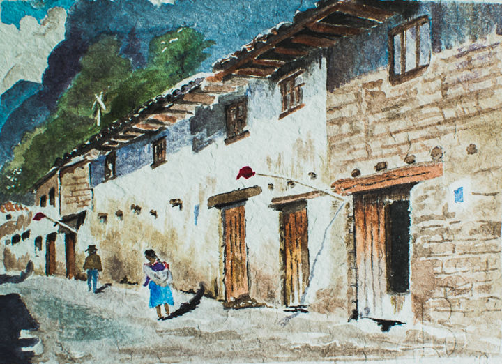 Картина под названием "Calle A.jpg" - Bernardo Burgos, Подлинное произведение искусства, Акварель