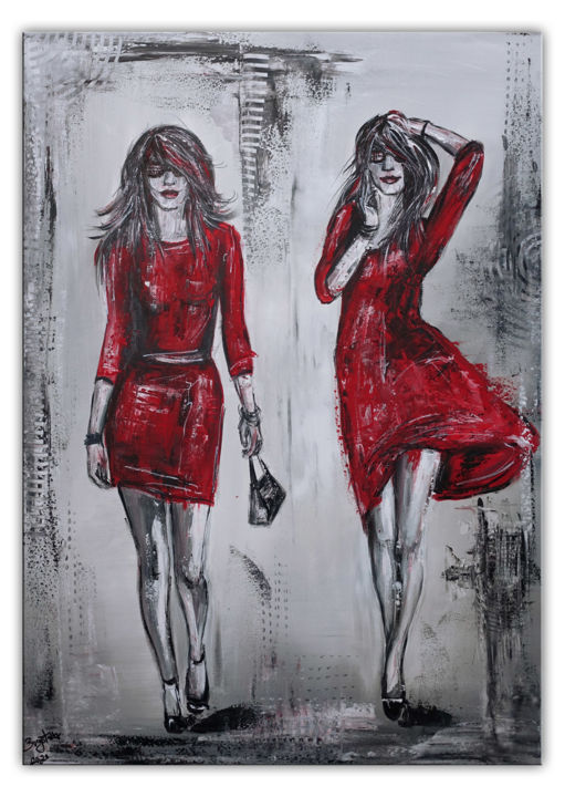 Painting titled "2 Ladys - Frauen in…" by Burgstallers-Art - Alexandra Brehm, Original Artwork, Acrylic Mounted on Wood Stre…