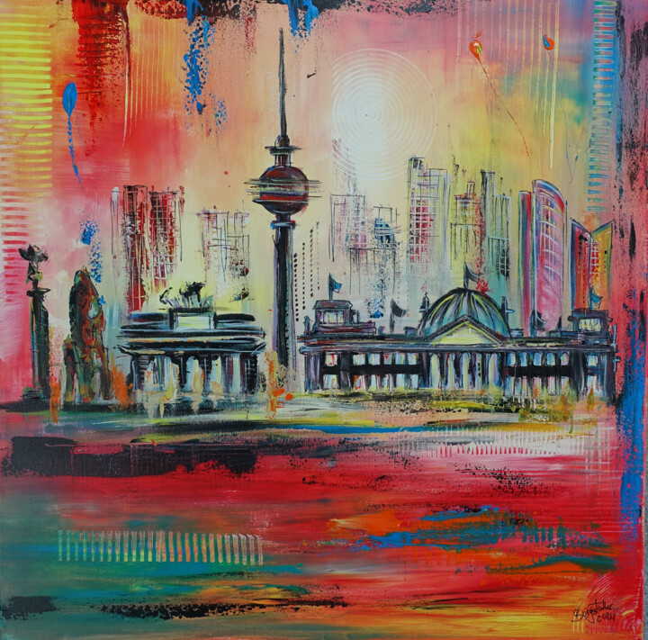 Painting titled "Gemälde Berlin Skyl…" by Burgstallers-Art - Alexandra Brehm, Original Artwork, Acrylic Mounted on Wood Stre…