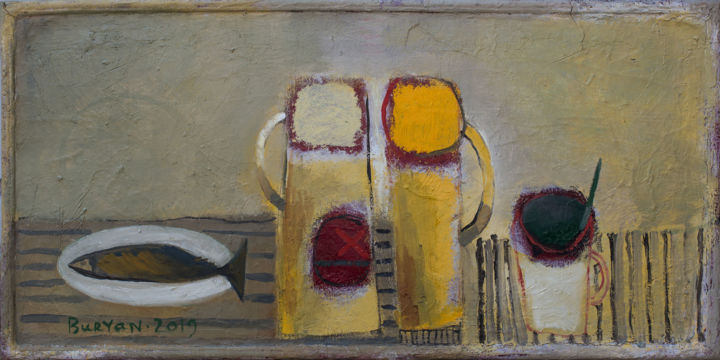 Painting titled "Still-life in yellow" by Oleg Buryan, Original Artwork, Oil Mounted on Wood Stretcher frame