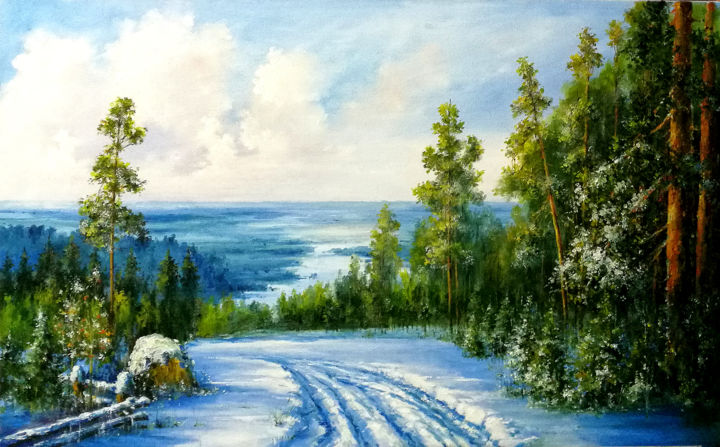 Картина под названием "Зимняя дорога" - Вячеслав Бусыгин, Подлинное произведение искусства, Масло