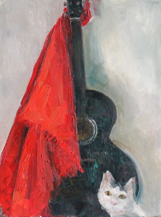 Painting titled "the black guitare" by Busuioc Elena, Original Artwork, Oil
