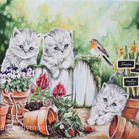 Pintura intitulada "3 petits chatons" por Butterflymoon, Obras de arte originais