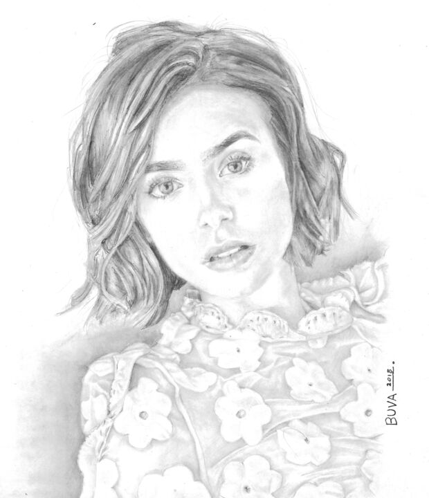 Drawing titled "Lily Collins" by José A. Bustamante, Original Artwork, Graphite