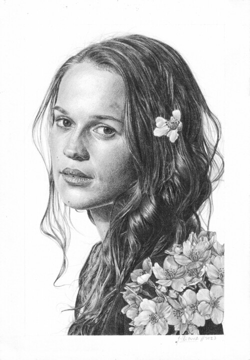 Drawing titled "Alicia Vikander" by José A. Bustamante, Original Artwork, Graphite Mounted on Cardboard