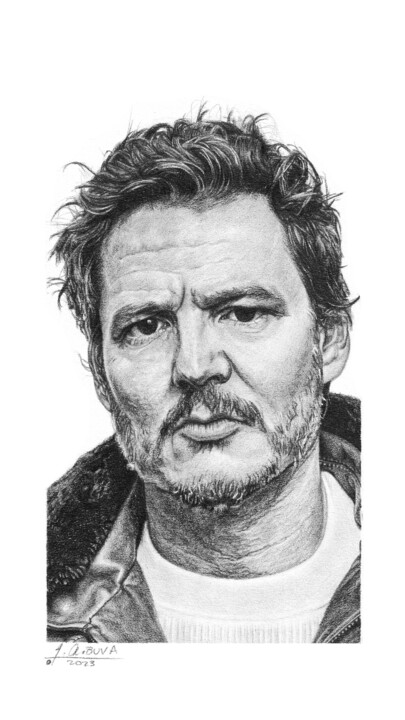 Drawing titled "Pedro Pascal" by José A. Bustamante, Original Artwork, Graphite Mounted on Other rigid panel