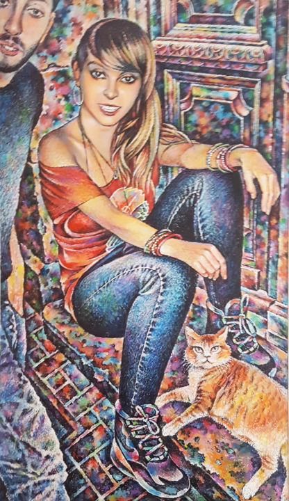 Pintura titulada "Chicos y gato" por Vitaly Bobylev, Obra de arte original, Acrílico