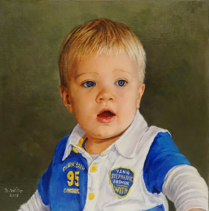 Painting titled "mon petit fils Arth…" by Brigitte With (B.WITH), Original Artwork, Oil