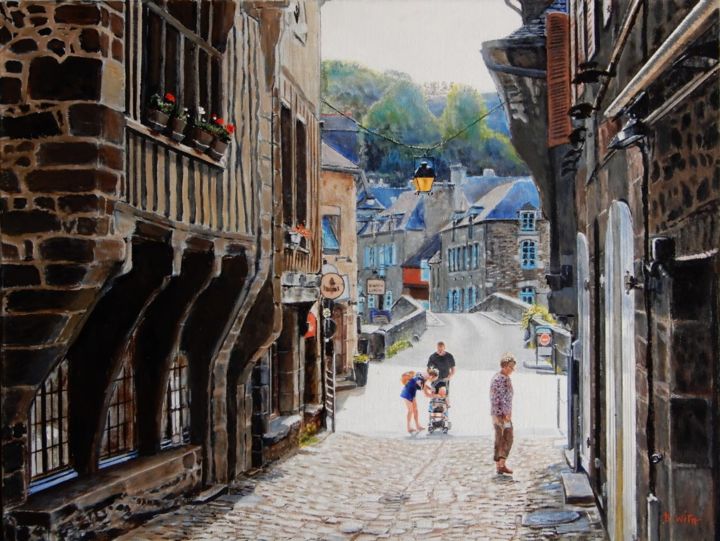 Peinture intitulée "Dinan, rue du petit…" par Brigitte With (B.WITH), Œuvre d'art originale, Huile