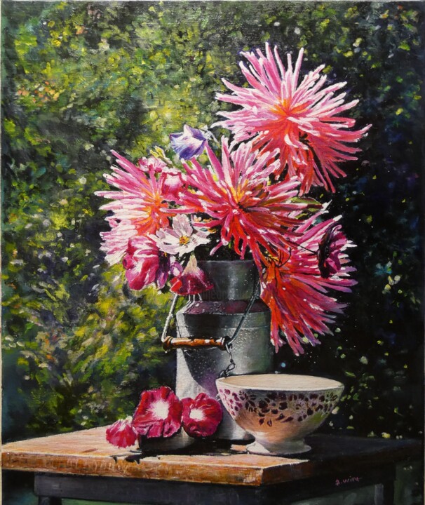 Peinture intitulée "dahlias dans pot à…" par Brigitte With (B.WITH), Œuvre d'art originale, Huile