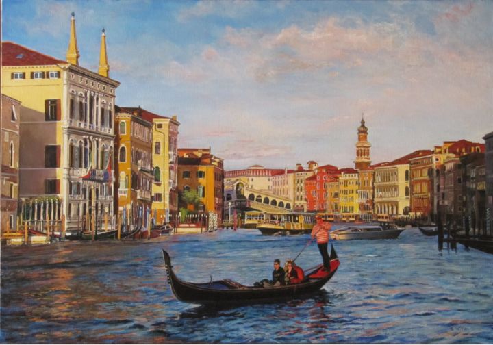Painting titled "Venise-le-grand-can…" by Brigitte With (B.WITH), Original Artwork, Oil Mounted on Wood Stretcher frame