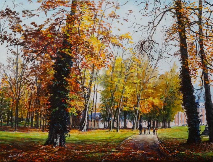 Painting titled "Automne-à-Chamarande" by Brigitte With (B.WITH), Original Artwork, Oil Mounted on Wood Stretcher frame