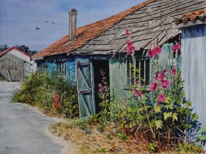 Painting titled "oleron-cabane-à-st-…" by Brigitte With (B.WITH), Original Artwork, Oil