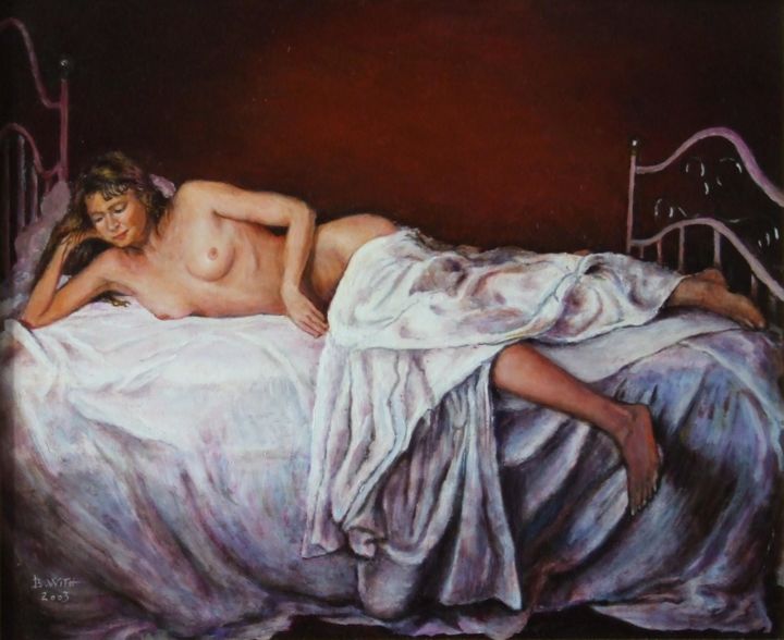 Pintura intitulada "Nue sur le lit" por Brigitte With (B.WITH), Obras de arte originais, Óleo