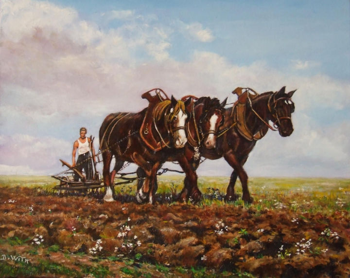 Painting titled "CHEVAUX DE LABOURS" by Brigitte With (B.WITH), Original Artwork, Oil