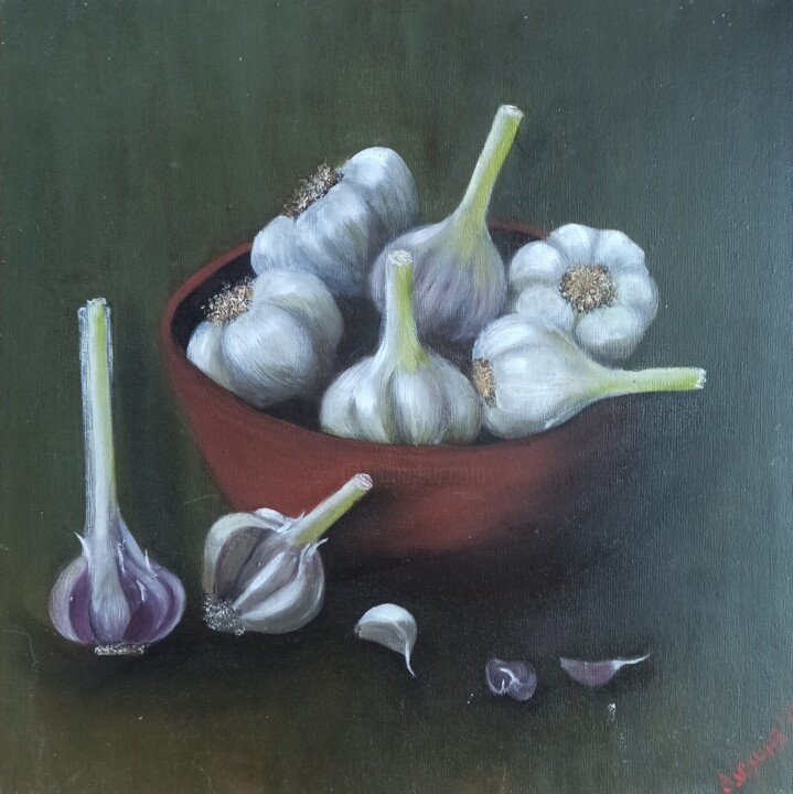 Painting titled "Young garlic" by By Tata, Original Artwork, Oil