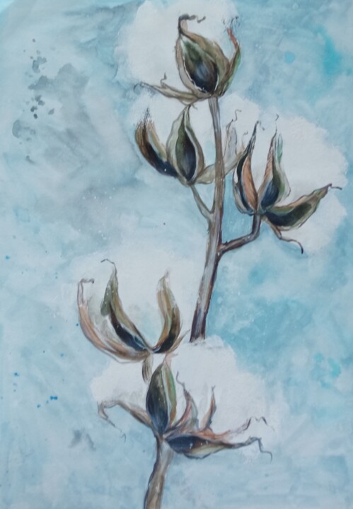Drawing titled "Cotton branch" by By Tata, Original Artwork, Watercolor