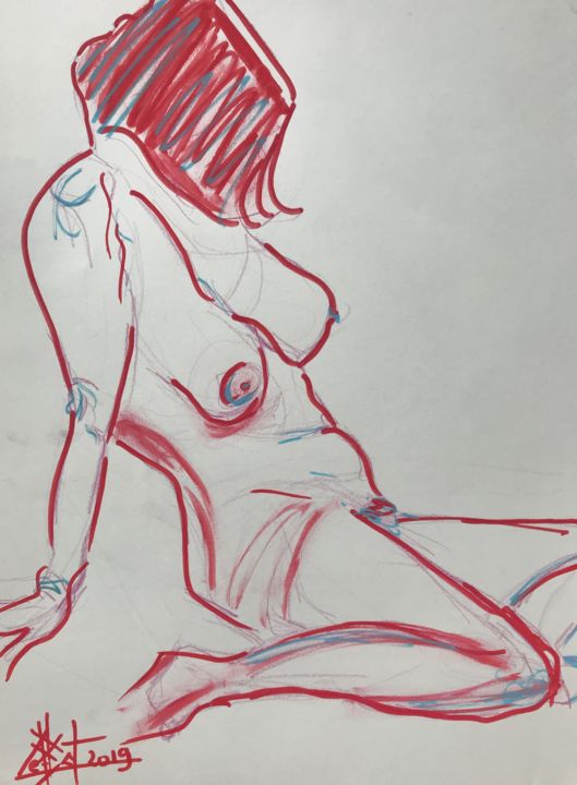 Drawing titled "Louise assise" by Byam Le Bot, Original Artwork, Pencil Mounted on Cardboard