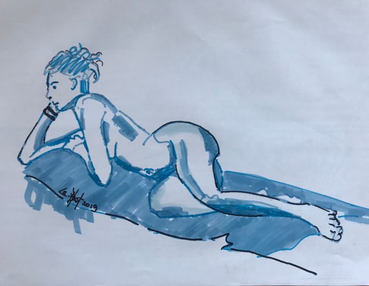 Drawing titled "Eva allongée" by Byam Le Bot, Original Artwork, Marker