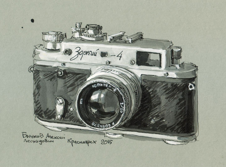 Drawing titled "фотоаппарат Зоркий-4" by Aleksei Leonidovich Bychkov, Original Artwork, Ink