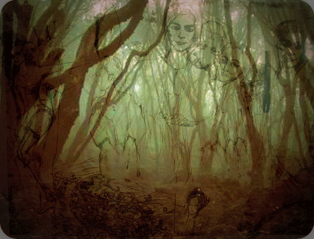 Rysunek zatytułowany „Duchy lasu.” autorstwa Marina Bykonya, Oryginalna praca, Długopis