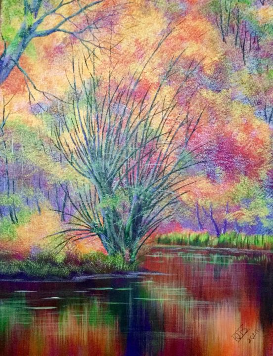 Картина под названием "Лесное озеро" - Юрий Быков, Подлинное произведение искусства, Акрил Установлен на Деревянная рама для…