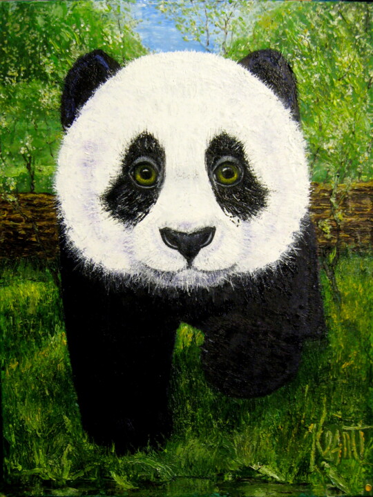Painting titled "Baby Panda Hao" by Ksanti, Original Artwork, Oil Mounted on Wood Stretcher frame