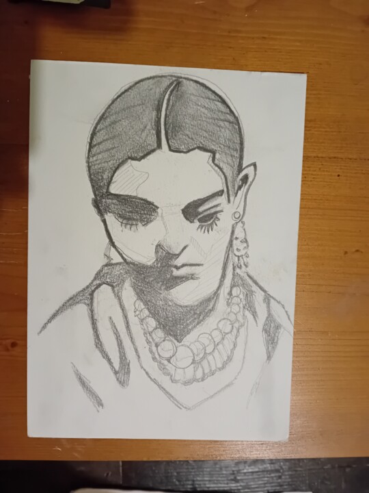 Drawing titled "Frida Kalho" by C.C (Ta Femme De Ménage ), Original Artwork, Pencil